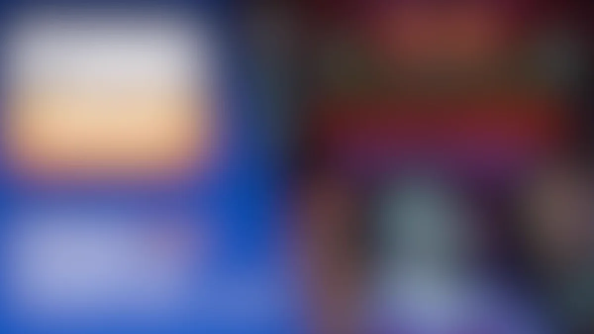 Abstract split-screen gradient showing a warm cream-to-bright-blue glow on the left and deep burgundy-to-navy shadows on the right, creating a contrast of light and dark.