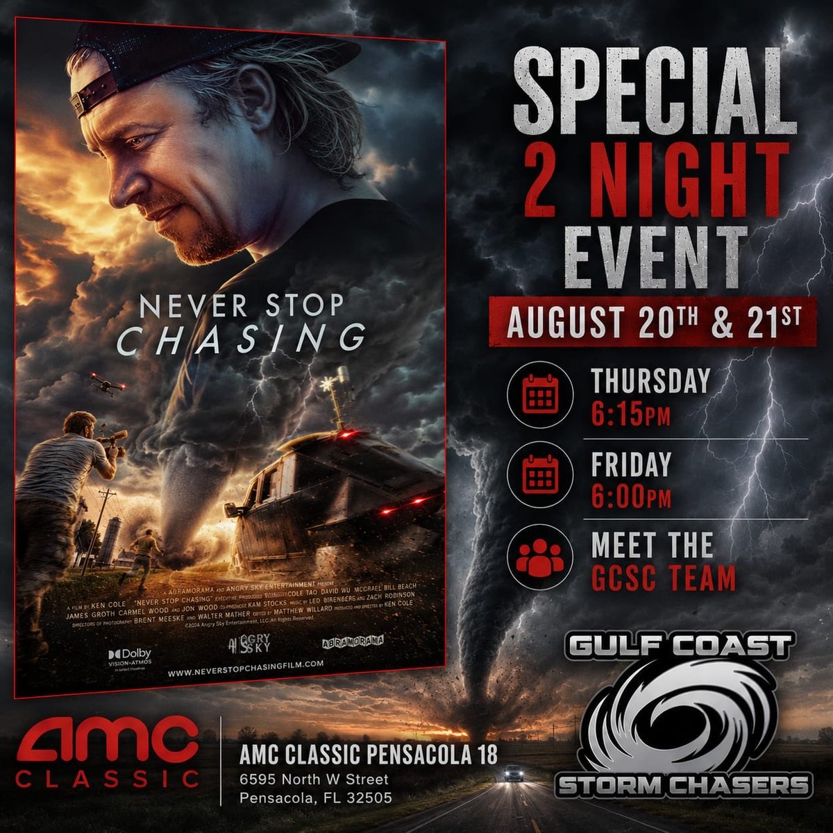 jmorgan_wx's tweet photo. PENSACOLA AMC CLASSIC 18!

See us TONIGHT to kick off the two night premiere of “Never Stop Chasing!”

Meet the team, grab some merch and see the Storm Chasing movie of the year! 

https://t.co/pM0h6cXzZw

@ReedTimmerUSA @EdgarONealWX @KenergyCole @GCStormChasers https://t.co/pkZ68hk3tP