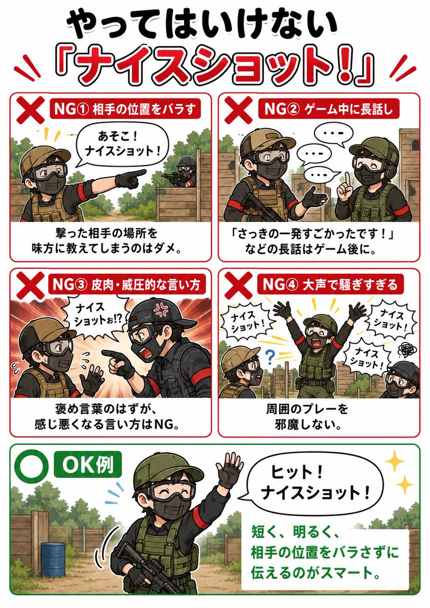 kazuwick's tweet photo. ChatGPTに、
「やってはいけないナイスショットを
分かりやすい解説イラストにして」
とお願いしたら、
1m25sで出た回答です😄

※あくまでAIの見解ですw https://t.co/S9PgM45v7v