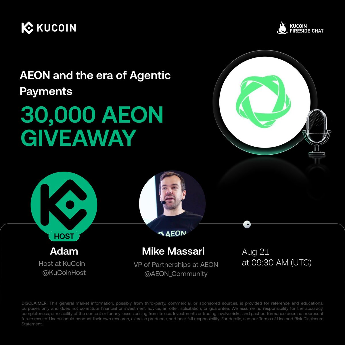 kucoincom's tweet photo. 🎙️ KuCoin x $AEON: AEON and the era of Agentic Payments

🎁 30,000 $AEON to win!

How to enter:
1. Follow @kucoincom and @AEON_Community
2. Like, RT & Quote: "Trade $AEON on #KuCoin!" + Tag 3 friends
3. Join the space: https://t.co/XxTDV9g56u
4. Submit Your KuCoin UID.
5. Complete the Gleam form: https://t.co/ga7o03Kazm

⏰ Join us on Aug 21, 2026, at 09:30 AM (UTC) for the live Space!