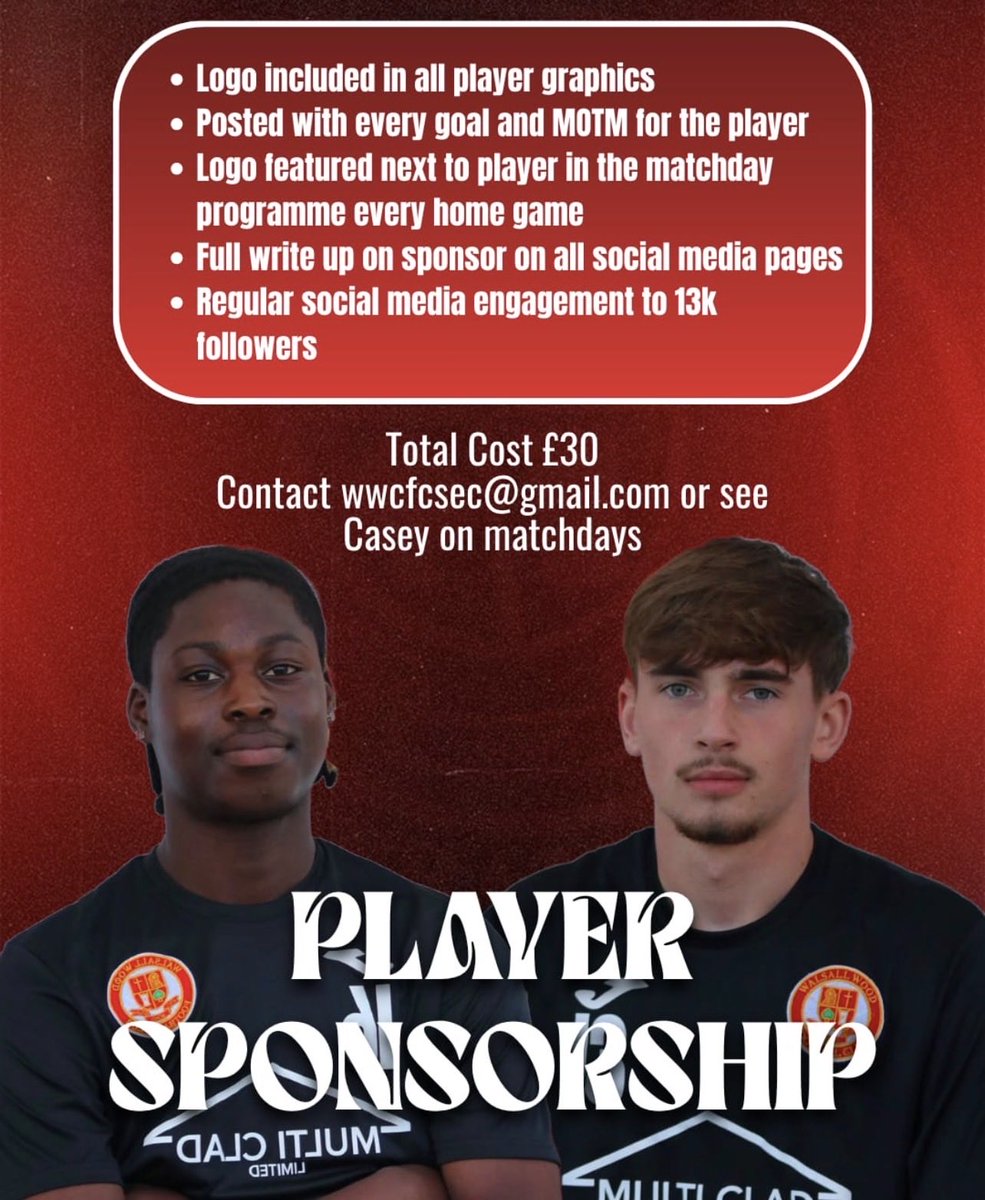 WalsallWoodFC's tweet photo. Player Sponsorship is now Available!
Get in-touch!
#FTGOTW https://t.co/YRrMX4ayGh