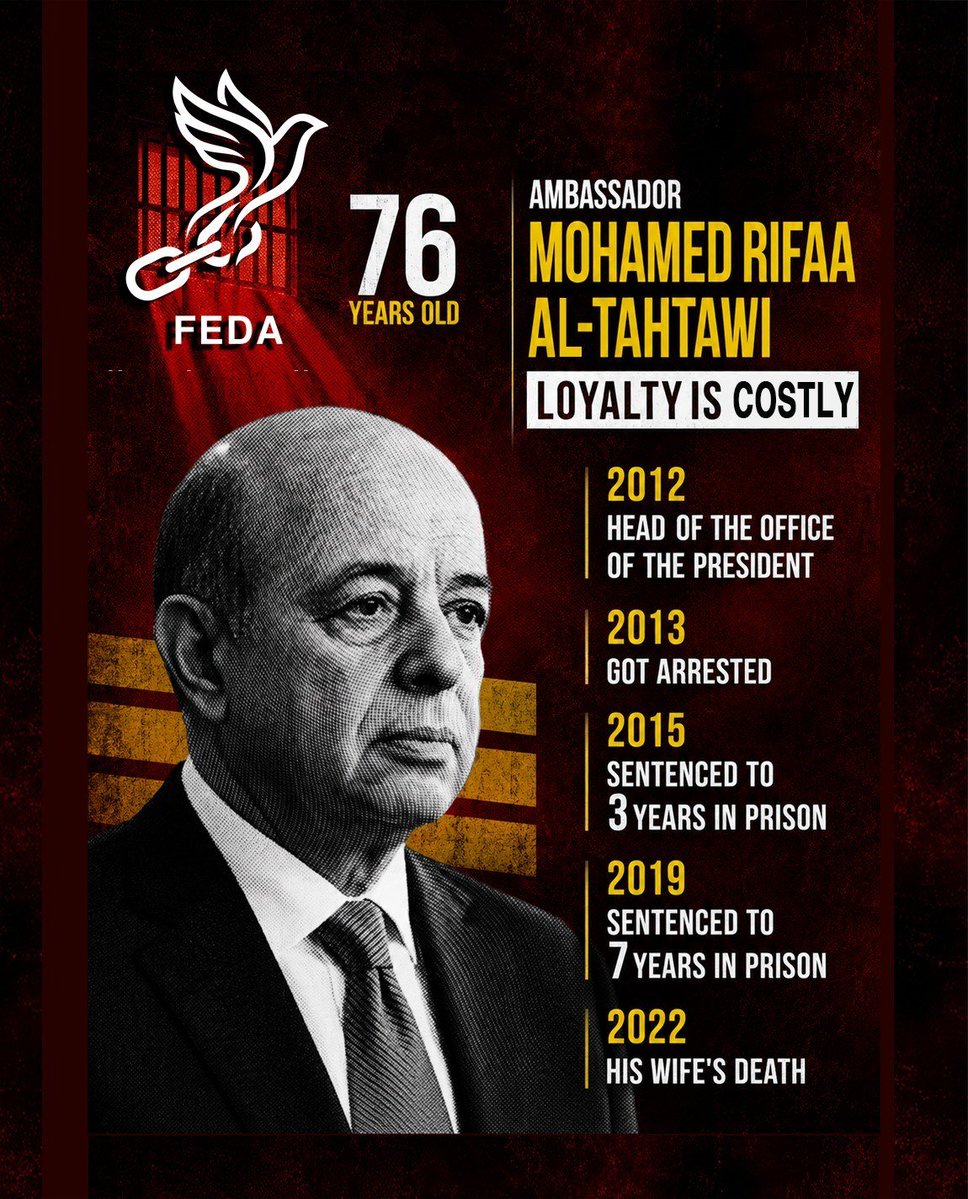 Feda13y's tweet photo. 13 Years Behind Bars

Amb. Mohamed Rifa’a al-Tahtawi has been detained since July 3, 2013. Although he completed all prison sentences in 2023, he was added to a new case. Since March 2018, he has been denied family and lawyer visits.

#FreeMohamedRifaaAlTahtawi https://t.co/PX34dqNyhW