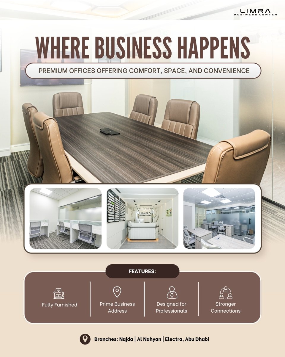 LimraBC's tweet photo. Where business happens in Abu Dhabi!

Premium, fully furnished offices at Najda, Al Nahyan, and Electra. Secure your prime business address today.

👉DM for availability and rates.

#AbuDhabi #OfficeSpaceForRent #UAEEntrepreneurs #LimraBusinessCenter https://t.co/hnUb2ahP7w