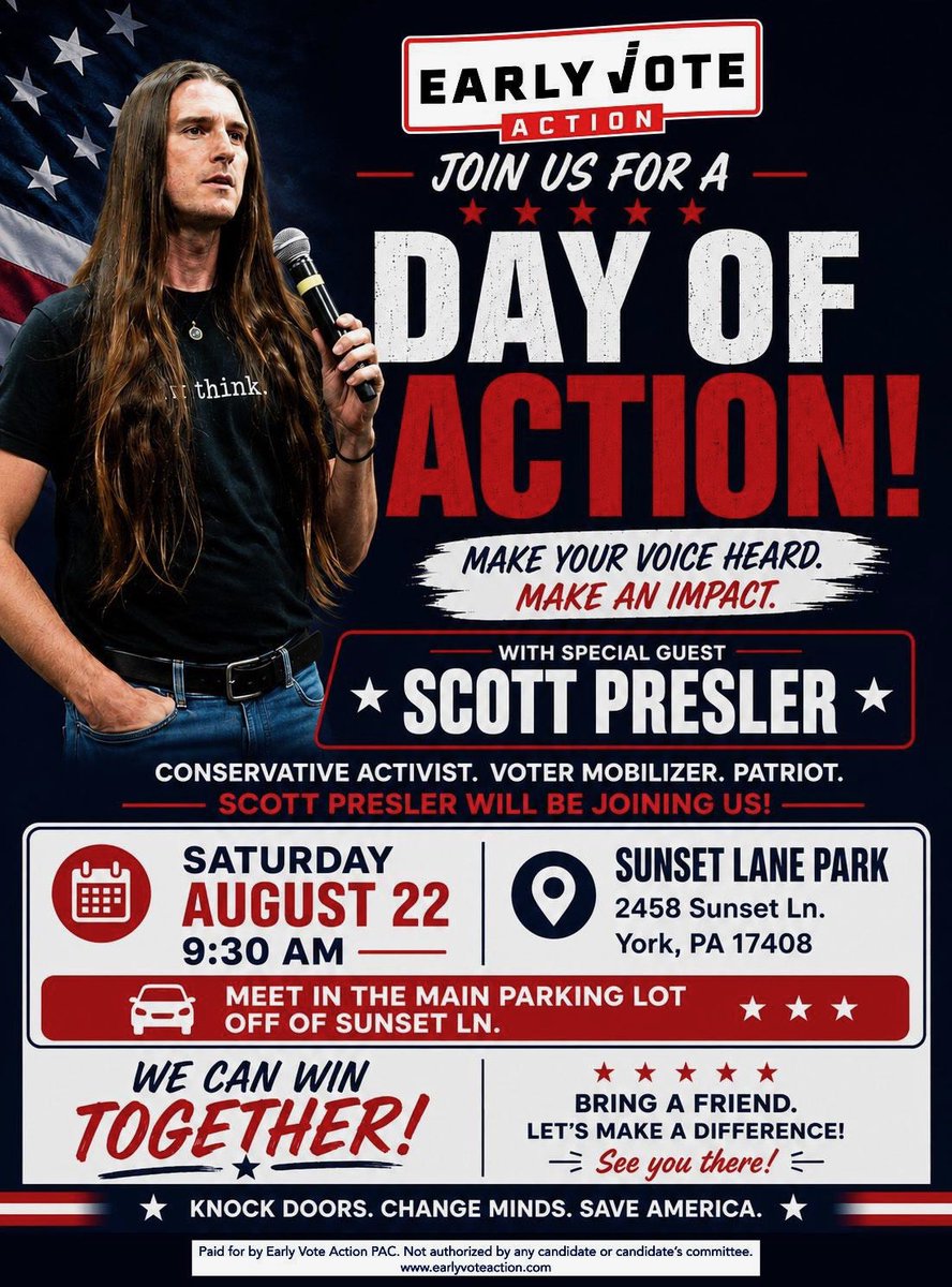 ScottPresler's tweet photo. See you SATURDAY, York County!

📍 Sunset Lane Park
       2458 Sunset Lane 
       York, PA 17408

🗓️ Saturday, August 22nd

⏰ 9:30 a.m. https://t.co/FtbE1Co71d