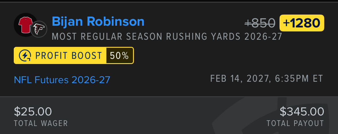 locko_clock's tweet photo. #NFL Futures - Regular Season Rushing Yards Leaders

Bijan +600 Circa, ~+700 on most rec books

Achane +1200 Circa, ~+1500 on most rec books https://t.co/iXgZpREZ7G