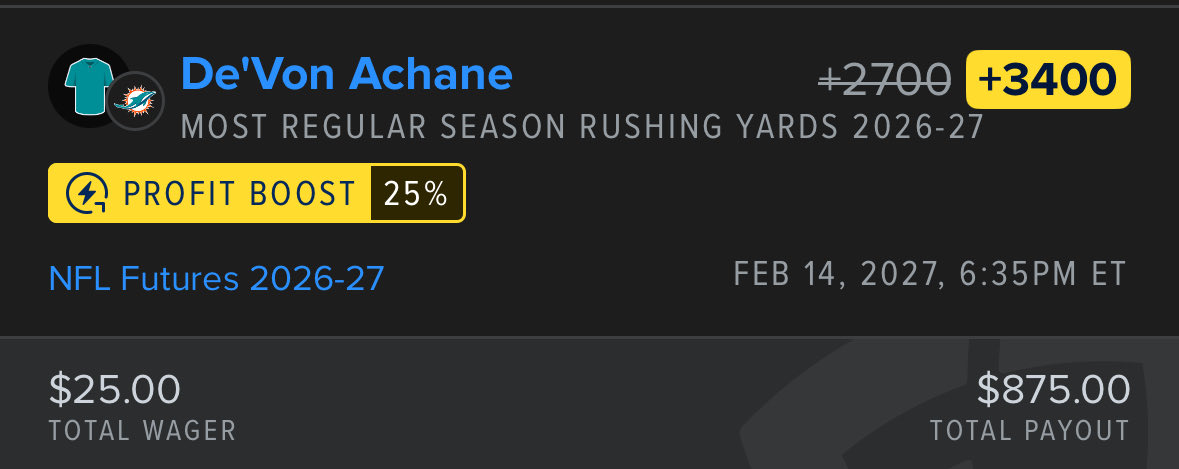 locko_clock's tweet photo. #NFL Futures - Regular Season Rushing Yards Leaders

Bijan +600 Circa, ~+700 on most rec books

Achane +1200 Circa, ~+1500 on most rec books https://t.co/iXgZpREZ7G