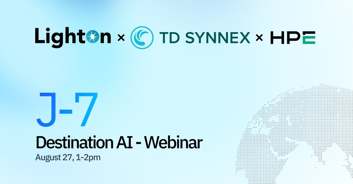 LightOnIO's tweet photo. J-7 before the first Destination AI Coffee Chat!

On August 27, LightOn joins @TDSYNNEX   and @HPE  for a practical conversation on turning AI ambitions into scalable enterprise solutions.

�� August 27, 2026
🕦 13:00 to 14:00

Register here: https://t.co/a12cCnO6gZ

#EnterpriseAI #SovereignAI #DestinationAI