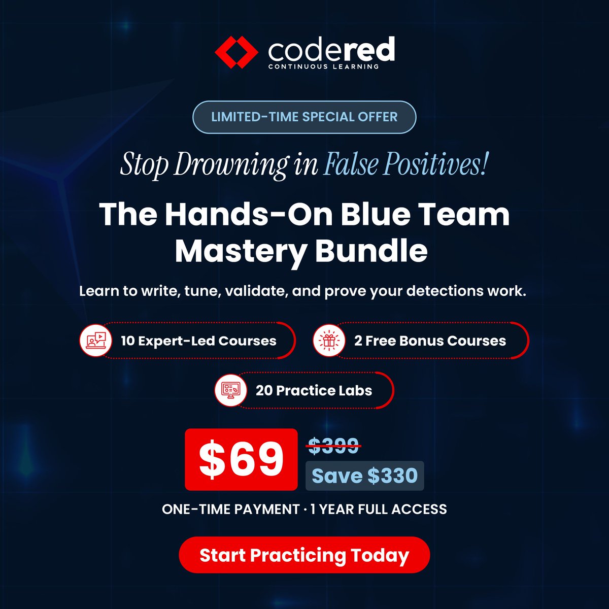 CodeRed_Pro's tweet photo. 🚨 Limited-Time Offer for Blue Teamers!

Build the skills that matter most in real-world security operations with 10 expert-led courses + 2 bonus courses + 20 hands-on labs;  all in one complete Blue Team bundle.

Go beyond theory and get practical experience across detection engineering, threat hunting, incident response, SIEM, and more. 🛡️

🔥 Get the complete bundle for just $69. 🔗 https://t.co/0GUCFHcAKt 

#CodeRed #BlueTeam #Cybersecurity #SOCAnalyst #DetectionEngineering #ThreatHunting #IncidentResponse #SIEM #DFIR #CyberDefense #InfoSec #SecurityOperations #CyberTraining