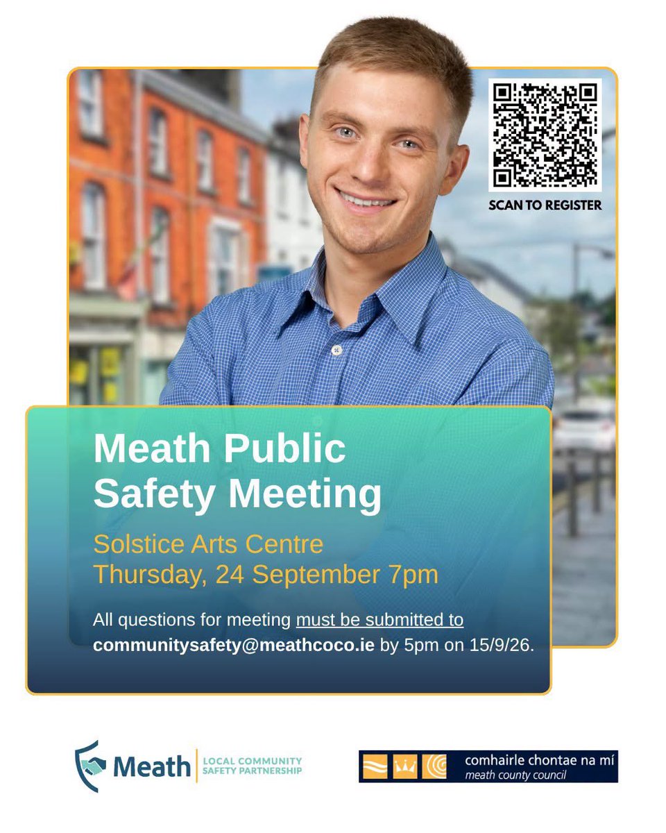 MrFlynnMeath's tweet photo. As Chair of the Meath Local Community Safety Partnership, I’m inviting residents from across the county to our Public Safety Meeting.

Thursday 24 September | 7pm Solstice Arts Centre, Navan

Come along and share your views on community safety in your area.

Questions must be submitted by 5pm on Tuesday 15 September to communitysafety@meathcoco.ie

Register here: https://t.co/0eQbzbxhNN

Looking forward to a constructive evening of discussion.

#Meath #CommunitySafety #PublicMeeting