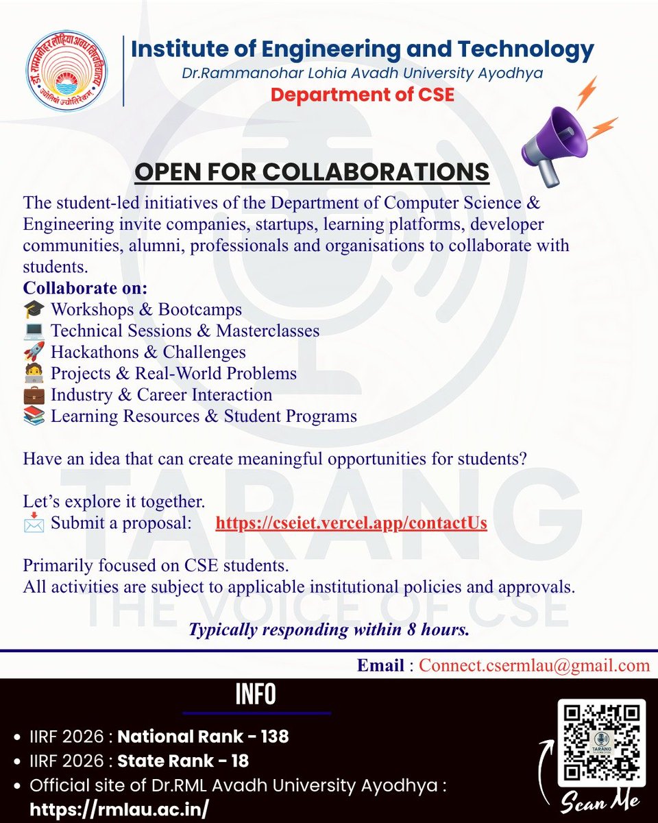 csermlau's tweet photo. 🚀 CSE IET RMLAU is open for collaborations!

Workshops • Hackathons • Projects • Industry Connect 🤝

🏆 IIRF 2026: National #138 | State #18

📩 https://t.co/W4mKOeUQS9

#CSE #RMLAU #Hackathon #Innovation #IndustryAcademia https://t.co/XEiUffTdz3