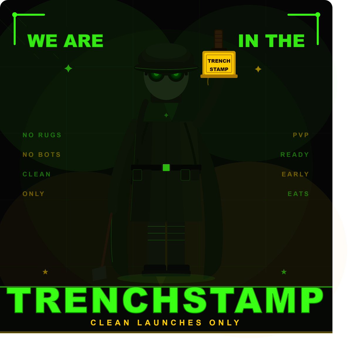TrenchStampHQ's tweet photo. 🪖 WE ARE IN THE TRENCHES.

Clean launches only. No rugs. No bots. No BS.

Every coin gets the stamp before it hits.

It's PVP out here — we're just better at it.

Early soldiers eat. Late buyers feed them.

👇 Join TrenchStamp HQ — CA drops here FIRST and ONLY
 https://t.co/mVYwQ0pjor
#Solana #PumpFun #TrenchStamp #TGANG #memecoin

NFA DYOR. Crypto is high risk.