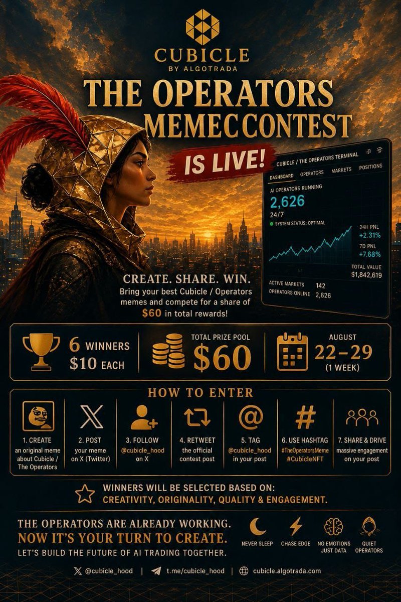 cubicle_hood's tweet photo. THE OPERATORS MEME CONTEST IS LIVE!

Think you've got the meme game to make the Operators laugh? Time to prove it. 🧊 

🏆 6 Winners x $10 Each
💰 $60 Total Prize Pool
📅 August 20 - 27
🎯 6 Winners 

🚀 HOW TO ENTER 

* Create an original Cubicle/ Operators meme
* Post it on X
* Tag @cubicle_hood
* Follow the official project account 
* Retweet the official contest hashtag 
* Share your entry with the community 
* Drive massive engagement on your post 🔥 

🏆 Winner will be Selected based on creativity, originality, quality, and engagement.

The Operators are watching.
The timeline is your battlefield.

Ready. Set. Meme.

#CubicleNFT