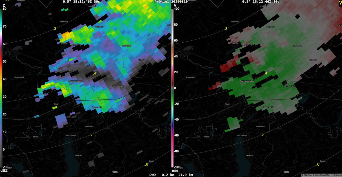 GerWeather's tweet photo. Some wild radar imagery from yesterdays surprise tornado outbreak in Germany. We're just starting to get a handle on things and it could already be one of Germanys most widespread and destructive tornado events of the 2020s. At least nine (possible) cases are under investigation. https://t.co/754yEx7Wx5