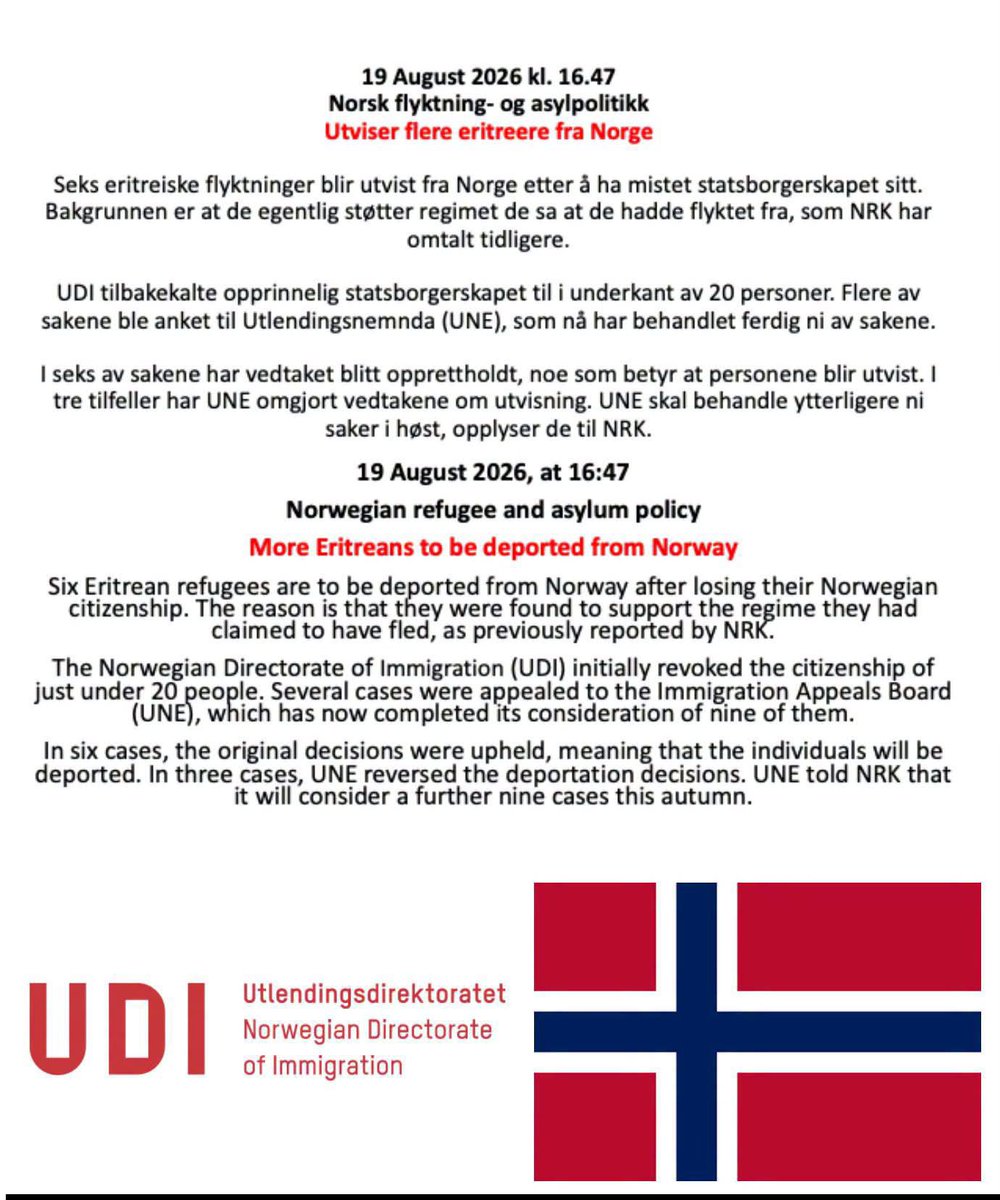 MehariMeng53005's tweet photo. Spot on❤️.
This is exactly what accountability looks like. Protecting the integrity of the asylum system is crucial, and those who exploit it shouldn’t get a free pass. Outstanding move by #Norway, and hopefully, Sweden takes this as a direct blueprint to act next!
#Norway #NoMorePFDJTerror
#EBRF #BlueRevolation
#RegimeChangeInEritrea @MariaStenergard @SvD @SwedishPM @SweMFA @Sverigesriksdag @svtnyheter @Aftonbladet @moderaterna @socialdemokrat @vansterpartiet @miljopartiet @ErmiLiberty @selemawitkidane @ElizabethTecle @zeka50214
