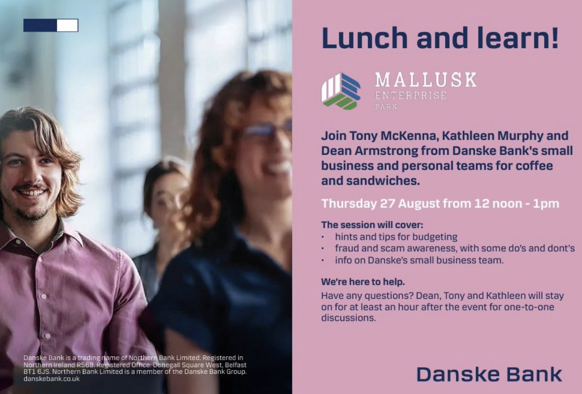 MalluskInfo's tweet photo. Join us at Mallusk Enterprise Hub next Thursday for a FREE Lunch &amp; Learn with Danske Bank.

💷 Budgeting
🚨 Fraud &amp; scam awareness
💼 Small business support
☕ Coffee, sandwiches &amp; networking

📅 27 August | ⏰ 12–1pm
📍 Mallusk Enterprise Hub

https://t.co/0dXQfUFtVD https://t.co/qgTVeT7COO