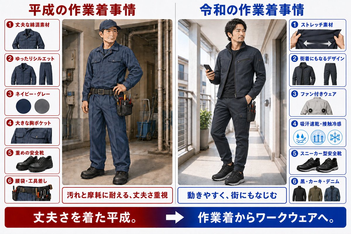 fumiko_matsuura's tweet photo. 平成→ 丈夫さを着る、仕事のための作業着。
令和→ 動きやすく、街にもなじむ。作業着からワークウェアへ。 https://t.co/0vVZphcga6