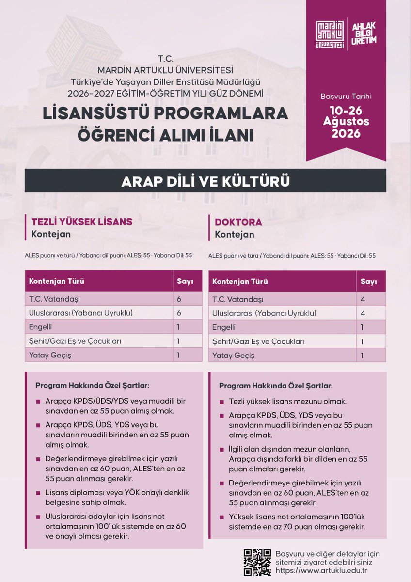 Mau_Tyde's tweet photo. Applications for the thesis and non-thesis master’s and PhD programs in Kurdish Language and Culture, Arabic Language and Culture, and Syriac Language and Culture are open until August 26. Quotas and the application link are provided below:
https://t.co/rQ4GsFQ9SV https://t.co/tcAkhwQU7Z