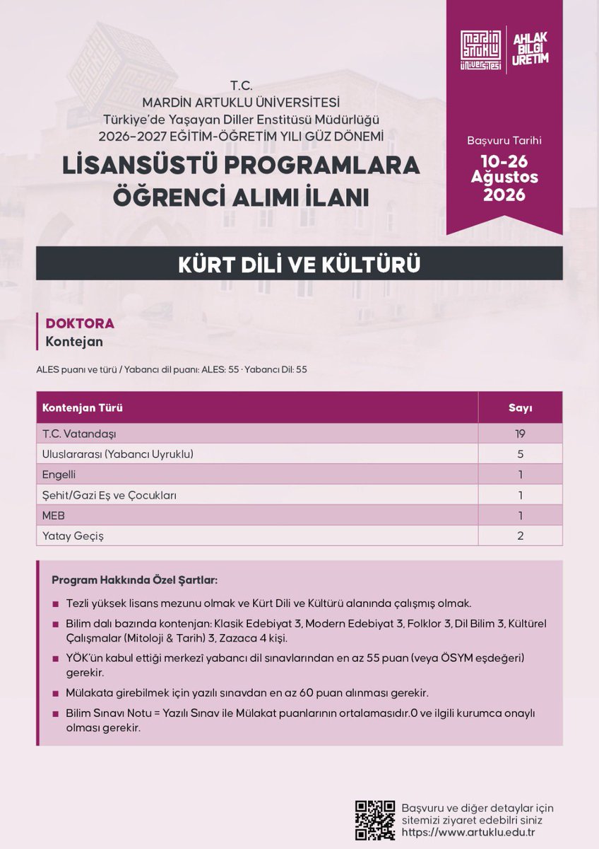 Mau_Tyde's tweet photo. Applications for the thesis and non-thesis master’s and PhD programs in Kurdish Language and Culture, Arabic Language and Culture, and Syriac Language and Culture are open until August 26. Quotas and the application link are provided below:
https://t.co/rQ4GsFQ9SV https://t.co/tcAkhwQU7Z