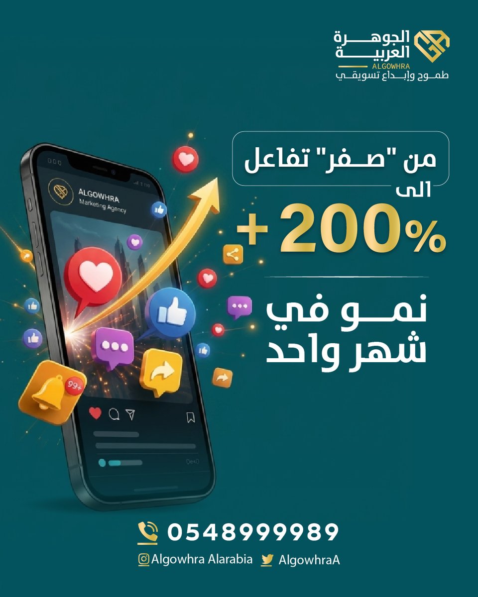 AlgowhraA's tweet photo. نتائج تتكلم عن نفسها 
أحد عملائنا زاد تفاعله أكثر من الضعف خلال شهر واحد فقط، عن طريق استراتيجية مدروسة + إعلانات ممولة مستهدفة
النتيجة ما تصير بالصدفة، تصير ب��طة صح.
تبي نصمم لك خطة مشابهة؟
للتواصل 0548999989
#الجوهرة_العربية #تسويق #تسويق_رقمي #سوشال_ميديا #تسويق_طبي #marketing https://t.co/yPrPV95GTP