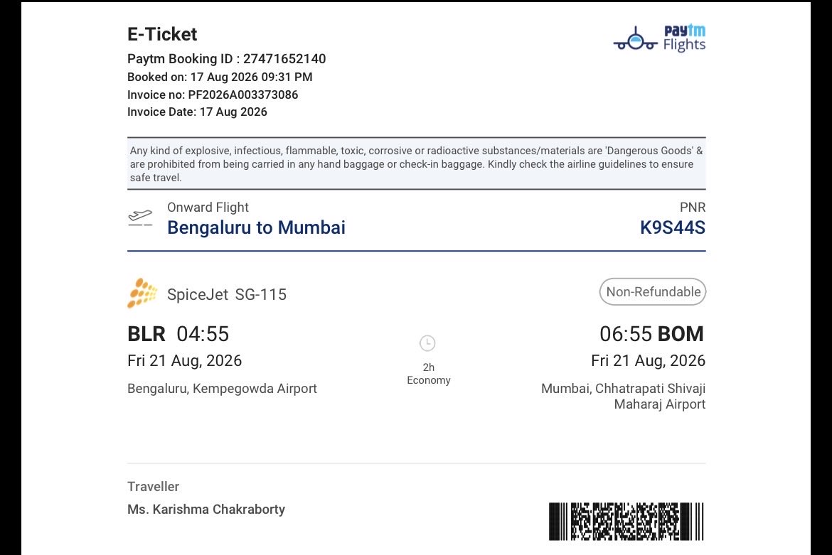 KGoonerette's tweet photo. Flight booked via @Paytm for @flyspicejet has been canceled without any prior notification and upon reaching both their customer care, none of them responding rightly. I need a full refund with a compensation. 
Attaching the photos of the ticket. 
@DGCAIndia I need accountability https://t.co/vuLgx9x7cq