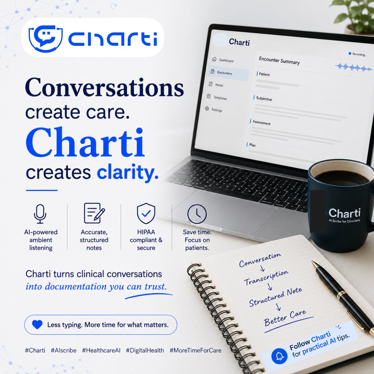Charti_ai's tweet photo. A great patient conversation can get lost in the time it takes to document it.
Because better technology shouldn’t add more to a clinician’s day. It should give something back: time. 💙
#Charti #HealthcareAI #AIScribe #FutureOfHealthcare #ClinicalWorkflow #MoreTimeForCare https://t.co/JeqEeghpGb