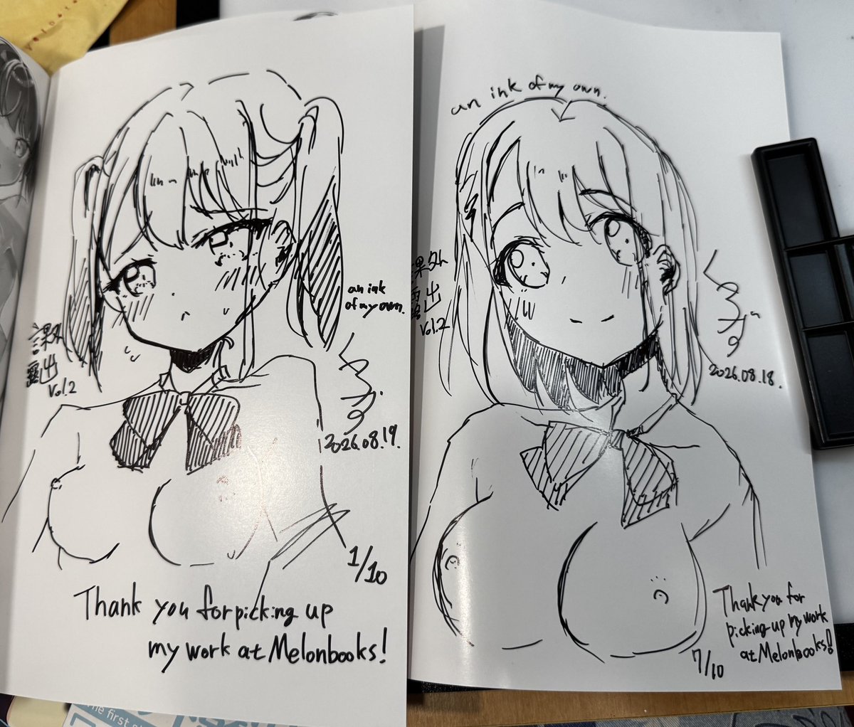 kurozuneriko's tweet photo. メロンのサイン本20冊終わったー
2冊ずつボツにした https://t.co/xgjC58x7Nc
