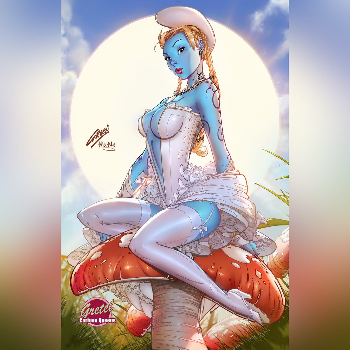 ulamosart's tweet photo. ✨ 2026 July Cartoon Queens Collectible Cover - LE 300 ✨
Featuring #Gretel cosplaying as #Smurfette!
Lineart: @Madmonkey1Paul
Colors: @ulamosart
#comiccover #fantasyartwork #smurfs #comiccolorist #paulgreen #ulamos https://t.co/UYQO2PcD4L