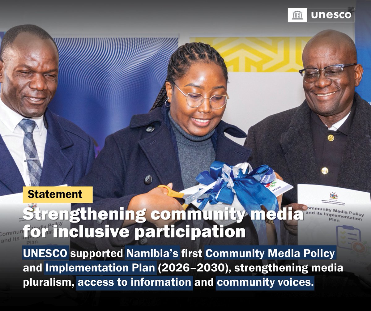 UNESCOWindhoek's tweet photo. 📻Namibia has launched its first Community Media Policy with UNESCO support. The policy strengthens media pluralism, access to information and local voices.

🔗 Read more: https://t.co/9dv09382A6 https://t.co/k32duDiAye