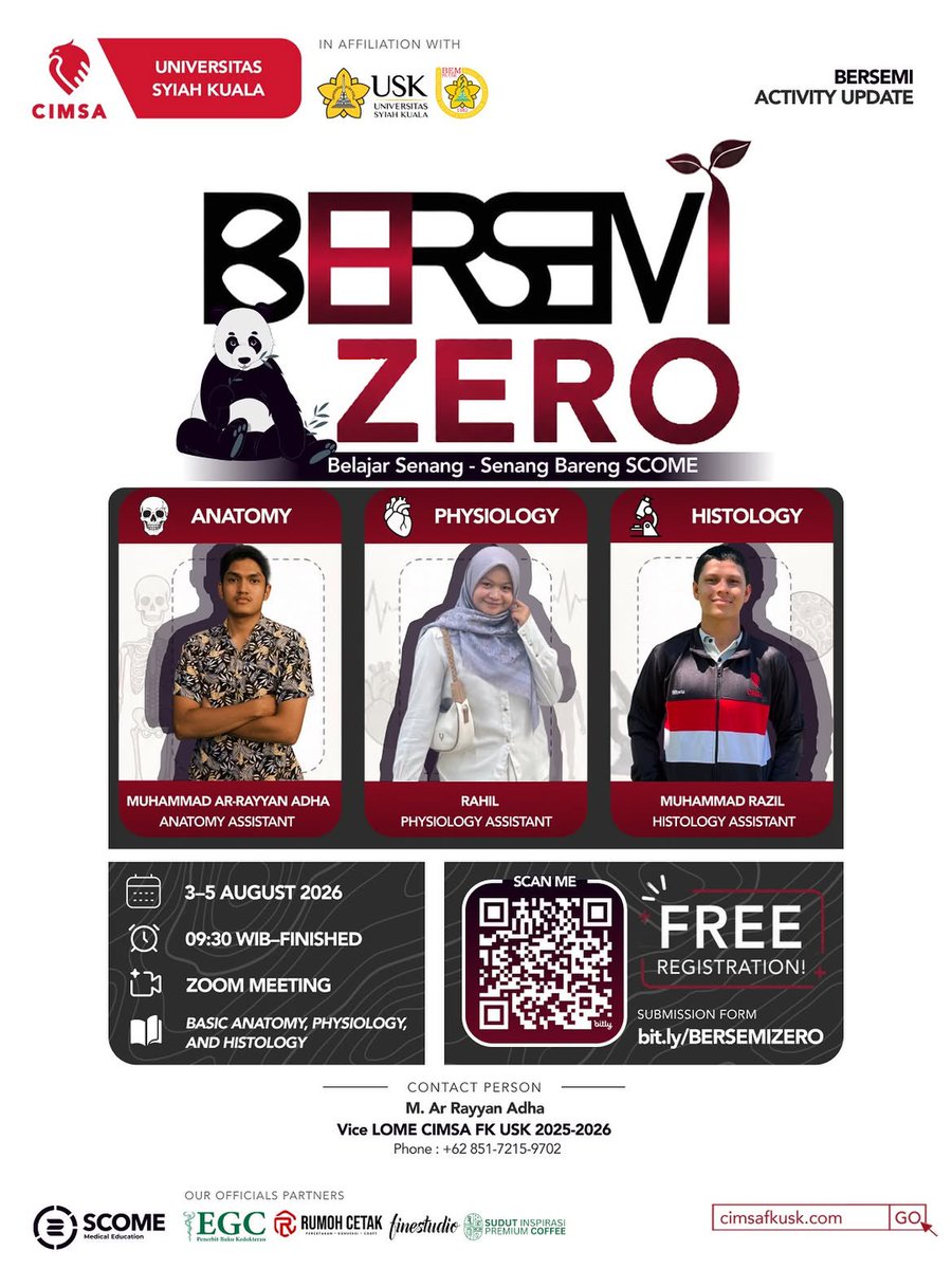cimsafkusk's tweet photo. 🐼 [BERSEMI ZERO: Belajar Senang-Senang Bareng SCOME ZERO] 🐼

Greetings, CIMSA!

Starting your journey as a medical student can be both exciting and challenging. To help new medical students prepare for their academic journey, SCOME CIMSA FK USK proudly presents BERSEMI ZERO https://t.co/0NbIhpEARh