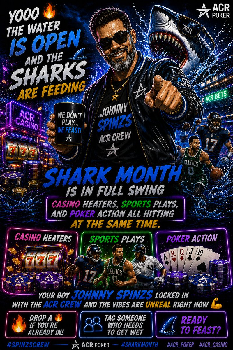 JohnnySpinzs's tweet photo. 🦈 SHARK MONTH IS LIVE! 🔥

The water is open — casino heaters, sports action &amp; poker vibes are waiting. 🎰🏈♠️

Think you’re ready to feast? 👀
Dive in → ACR Casino Promotions
Drop a 🦈 if you’re already in the water — and tag your crew! 🔥

#SharkMonth #SpinzsCrew #ACR https://t.co/3buRnom4Qn