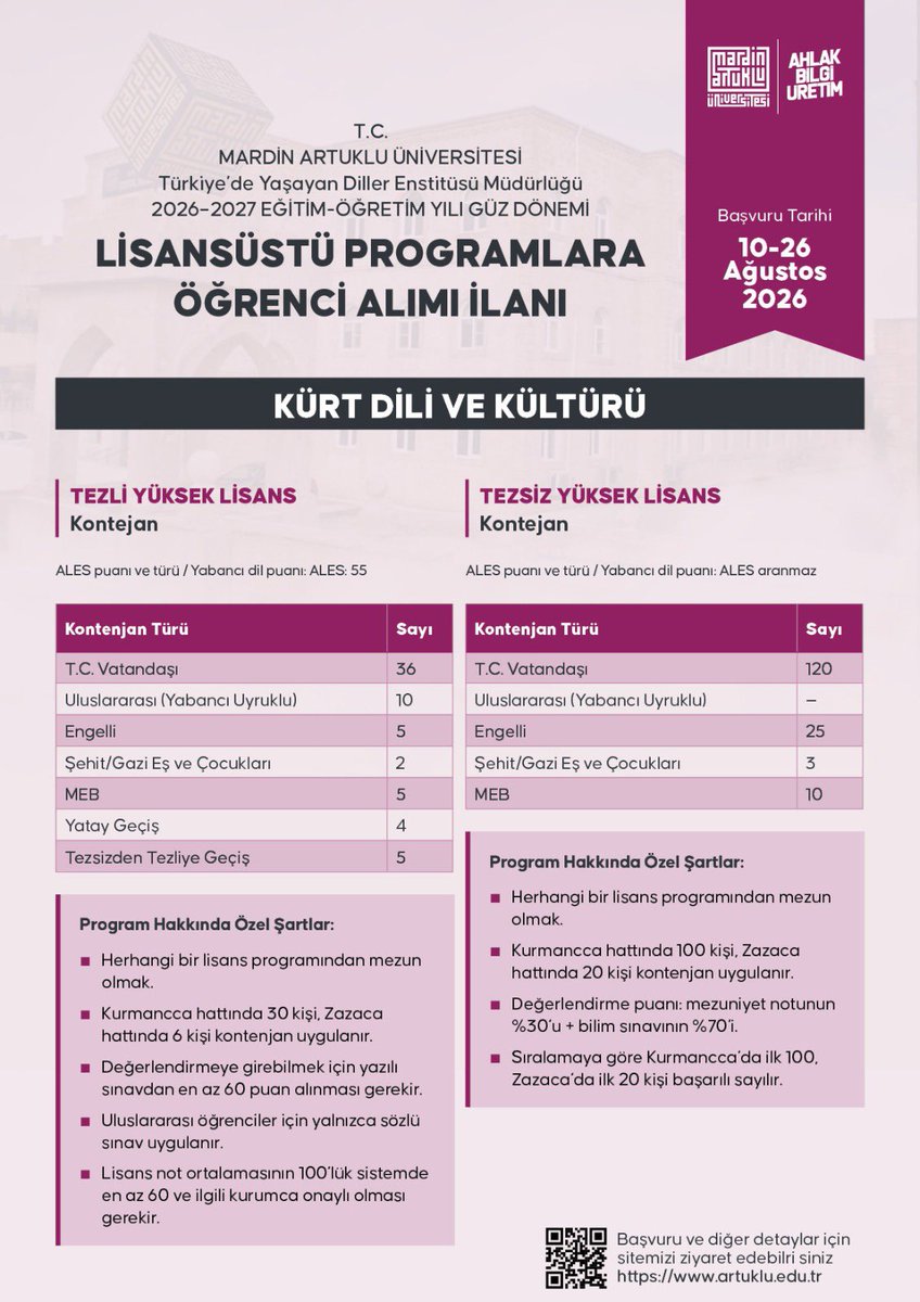 Mau_Tyde's tweet photo. Kürt Dili ve Kültürü, Arap Dili ve Kültürü ve Süryani Dili ve Kültürü Tezli Yüksek Lisans, Tezsiz Yüksek Lisans ve Doktora başvuruları 26 Ağustosa kadar devam ediyor. Kontenjanlar ve başvuru linki aşağıdadır:

https://t.co/HuEIcY14lx https://t.co/YpnvaWEG7P