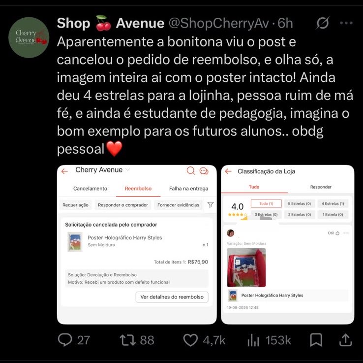 ShopCherryAv's tweet photo. Gnt, apagamos a ft da avaliação pq algumas pessoas encontraram as redes dela e ela cancelou o reembolso. Vimos gente dizendo que usamos isso como mkt, jamais faríamos isso. Somos uma loja pequena e não inventaríamos algo assim. Só não queremos gerar ataques ou problemas pra ngm❤️ https://t.co/PrCTUONuwN