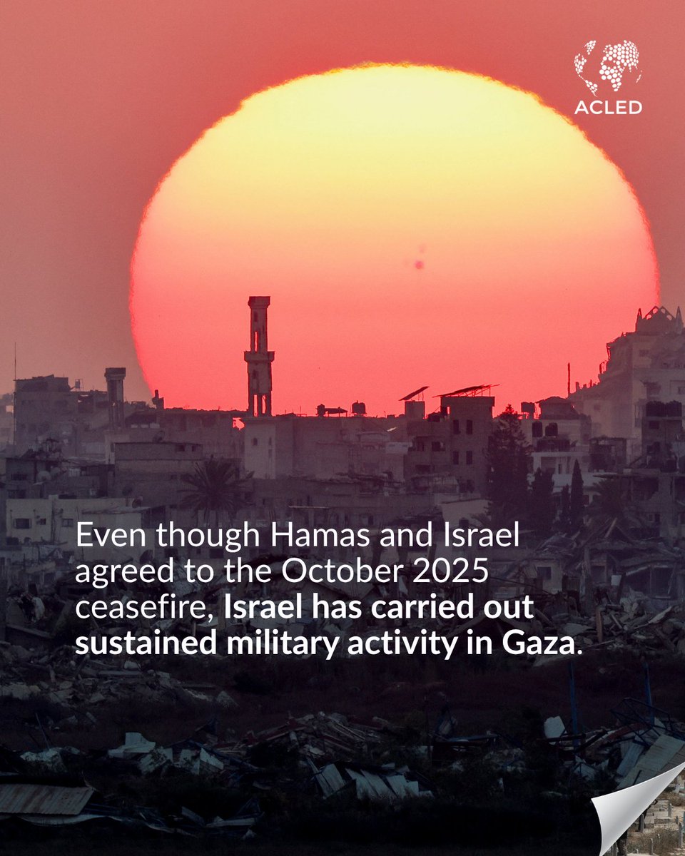 ACLEDINFO's tweet photo. Despite the October 2025 ceasefire, Israeli military activity has continued across #Gaza, with targeted strikes intensifying in recent months and violence remaining concentrated around the #YellowLine. https://t.co/iK2YnZkMVt