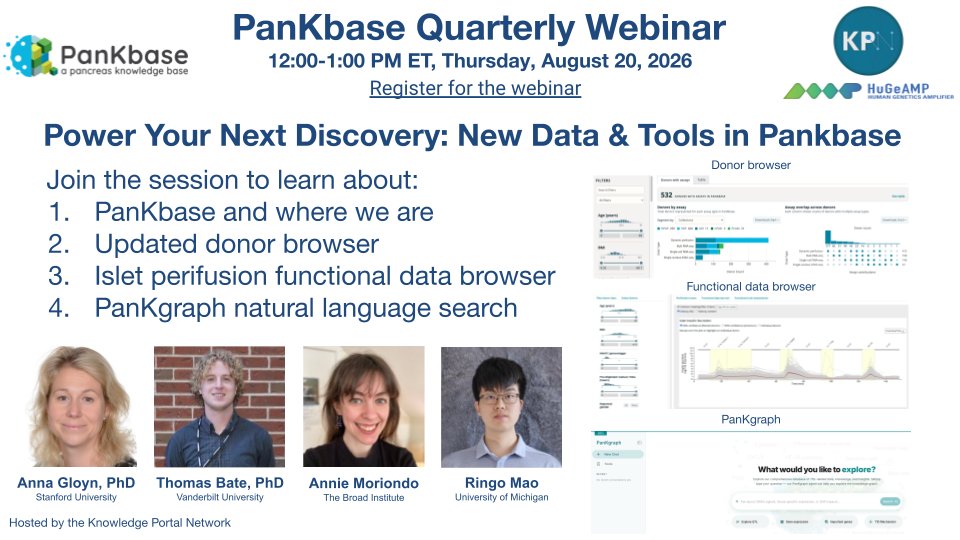 PanKbase's tweet photo. 🚨 We're a few hours away from the next #PanKbase Office Hours!
🧬 Power Your Next Discovery: New Data & Tools in PanKbase
⏰ 12–1 PM ET
🎙️ Featured speakers: Anna Gloyn, PhD; Thomas Bate, PhD; Annie Moriondo; Ringo Mao
💻 Register: https://t.co/mZBZVhWLOX https://t.co/QShsduYMdw