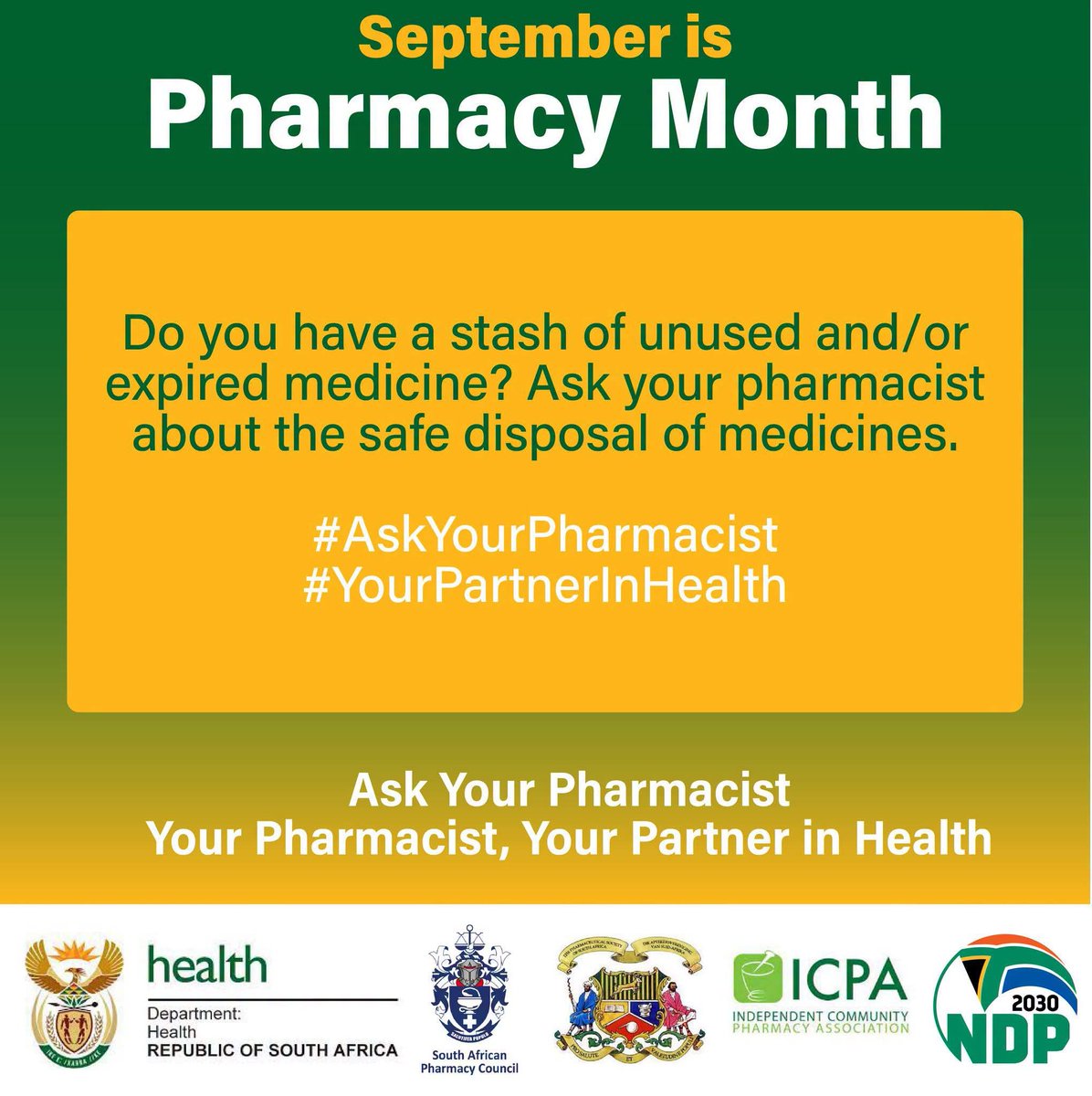 HealthZA's tweet photo. Do you have a stash of unused and/or expired medicine? Ask your pharmacist about the safe disposal of medicines.

#PharmacyMonth
#AskYourPharmacist
#YourPartnerInHealth https://t.co/pBLAXrOLg5
