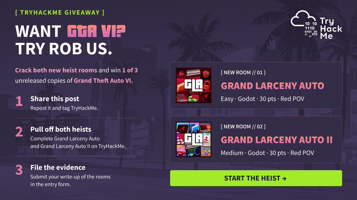 tryhackme's tweet photo. Two rooms. Two hidden vaults. 3 Copies of GTA VI on the line. 🔓 Decompile it. Attach a debugger. Rob us. Complete Grand Larceny Auto and Grand Larceny Auto II, submit your write-up, and share this post to enter.  Closes 3 September. Enter here ➡️ https://t.co/AhTrlz0FmU

Room links in the thread 🧵