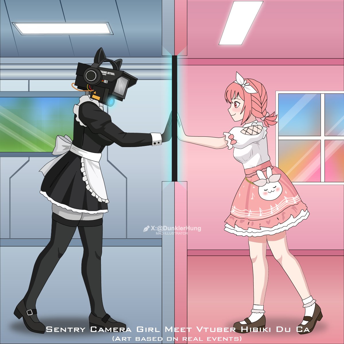 Siltsteel's tweet photo. A Cameragirl Sentry meets Hibiki Du Ca! 
This artwork is based on a real moment from a cosplay festival last year, when I cosplayed my Sentry Cameraman OC and got to meet Du Ca in person.
@hibikiduca  
#HibikiDuCa #DuCaArt #VTuberArt #FanArt #SkibidiToilet #OC https://t.co/LwTPWI5BAF
