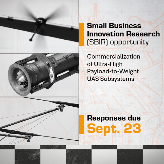 DARPA's tweet photo. We released a new Small Business Innovation Research opportunity: Commercialization of Ultra-High Payload-to-Weight UAS Subsystems that asks for mature, high-impact subsystems to address the current payload-to-weight bottleneck &amp; accelerate next gen heavy-lift drones. https://t.co/ffhP99u9ER