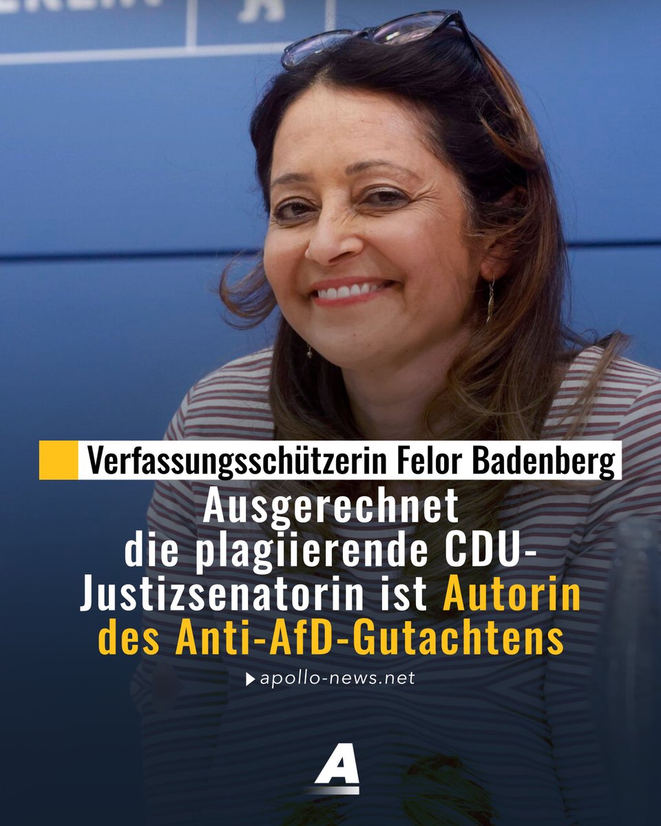 apollo_news_de's tweet photo. Bevor Felor Badenberg Berliner Justizsenatorin wurde, arbeitete sie beim Bundesamt für Verfassungsschutz und arbeitete 2021 an einem AfD-Gutachten mit. Nun ist bekannt geworden, dass sie in 83 Stellen ihrer Doktorarbeit plagiiert haben soll.

https://t.co/GHMg9oFLQS https://t.co/i1GNmnlMQa
