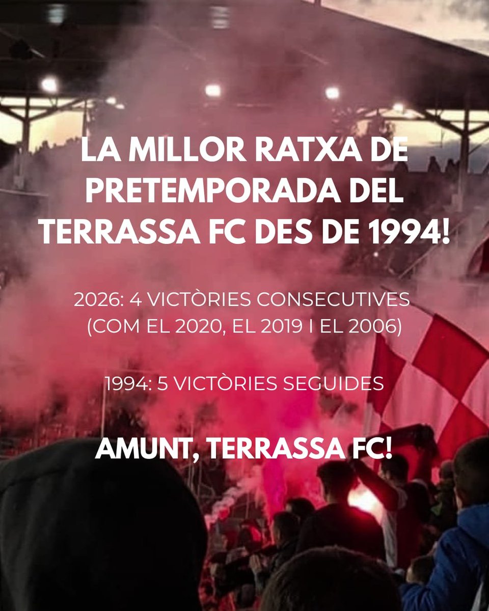 terrassafcnews's tweet photo. El Terrassa FC signa la millor ratxa de pretemporada des de 1994! Els 4 triomfs consecutius suposen la millor ratxa (empatada amb les de 2020, 2019 i 2006) des de 1994 (5 victòries, contra Gavà, Alzamora, Mataró, Cerdanyola de Mataró i Vilobí). Amunt, Terrassa FC!!! #terrassafc https://t.co/rd4BnOGDnu