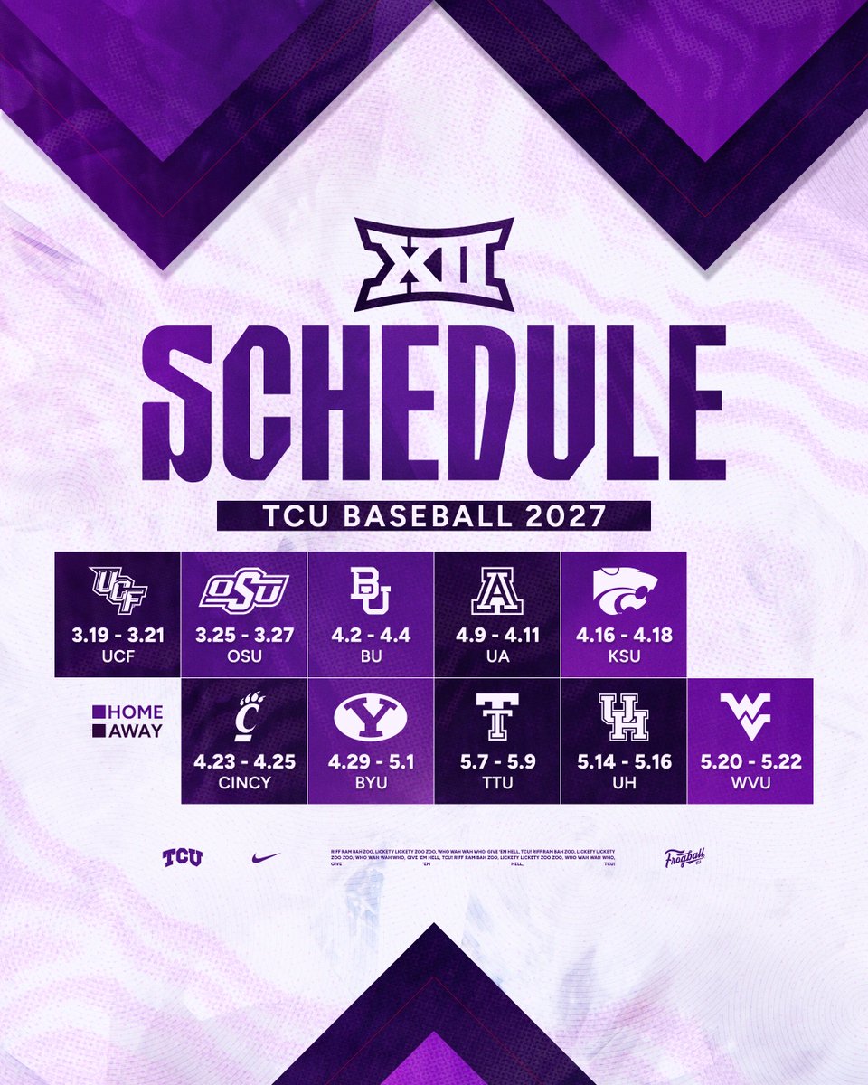 TCU_Baseball's tweet photo. mark your calendars π
βΌοΈ
the 2027 @Big12Conference schedule is here!
π°π: https://t.co/U0mFJGx47O
#GoFrogs | #FrogballUSA https://t.co/11gCyBjS6R