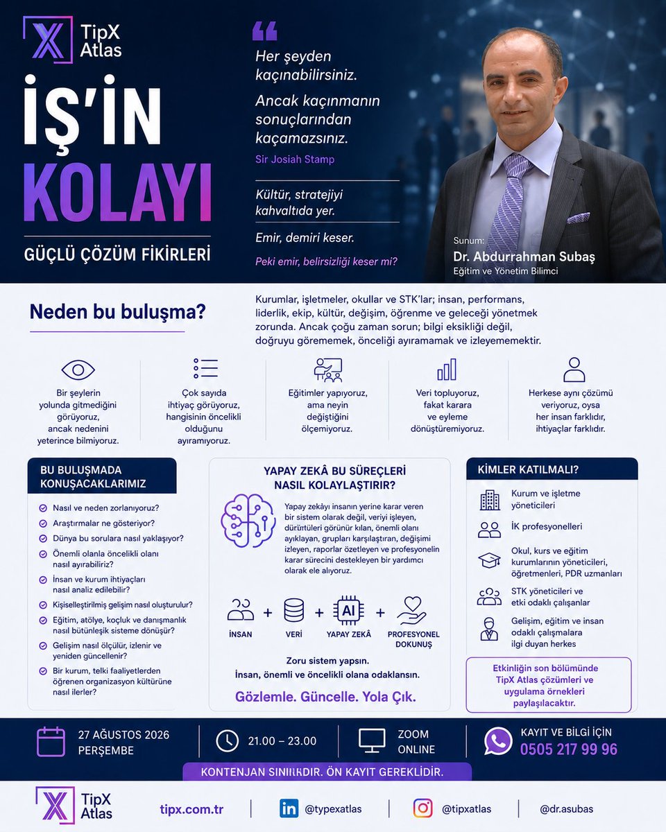 TypeXatlas's tweet photo. İş'in Kolayı
Ücretsiz Webinar 
Detaylar ve ücretsiz kayıt baplantısı
https://t.co/7I0YzcUMHG 

#iş #öğrenenorganizasyon #işletme #performans #karlılık #duygusalzeka #liderlik https://t.co/ylApquIIaN