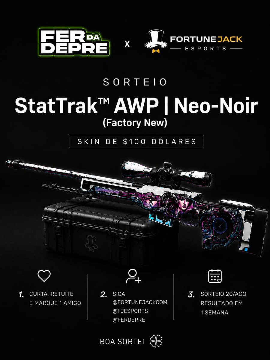 Ferdepre's tweet photo. 🎁 GIVEAWAY — AWP NEO-NOIR (FN - ST)

PARA PARTICIPAR:

1. ❤️ Curta e retuite
2. 👤 Marque 1 amigo
3. ➕ Siga @fortunejackcom, @FJesports e @Ferdepre

📅 Resultado em 1 semana

Boa sorte! 🍀