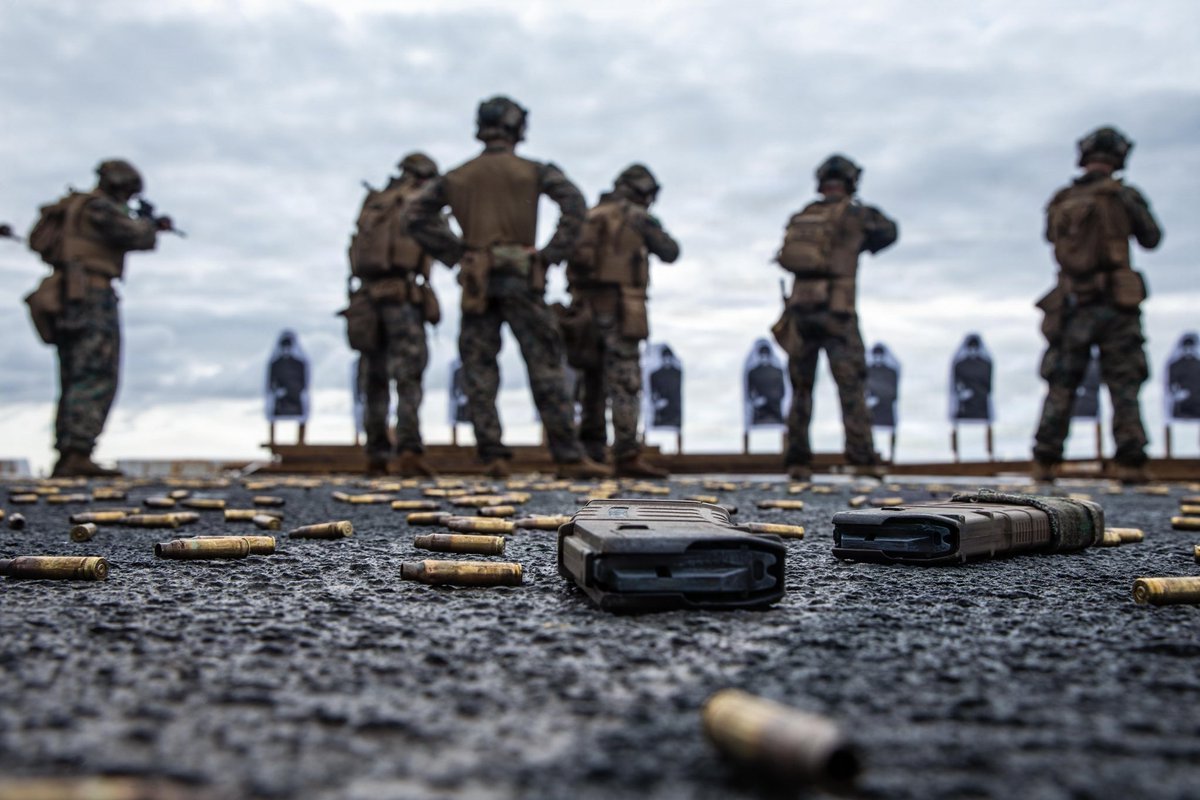 The24MEU's tweet photo. TARGET 🎯
@USMC with #v32 , #lcf24 engage targets during a deck shoot aboard the USS San Antonio while underway.
U.S. forces are deployed to the @Southcom area of responsibility in support of #jtfwhem , @DeptofWar - directed operations, and the Presidents priority. https://t.co/BrHlI5E9eJ
