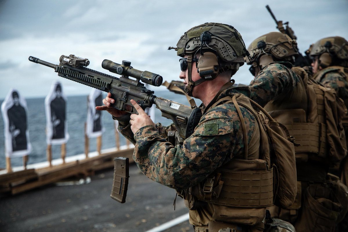 The24MEU's tweet photo. TARGET 🎯
@USMC with #v32 , #lcf24 engage targets during a deck shoot aboard the USS San Antonio while underway.
U.S. forces are deployed to the @Southcom area of responsibility in support of #jtfwhem , @DeptofWar - directed operations, and the Presidents priority. https://t.co/BrHlI5E9eJ