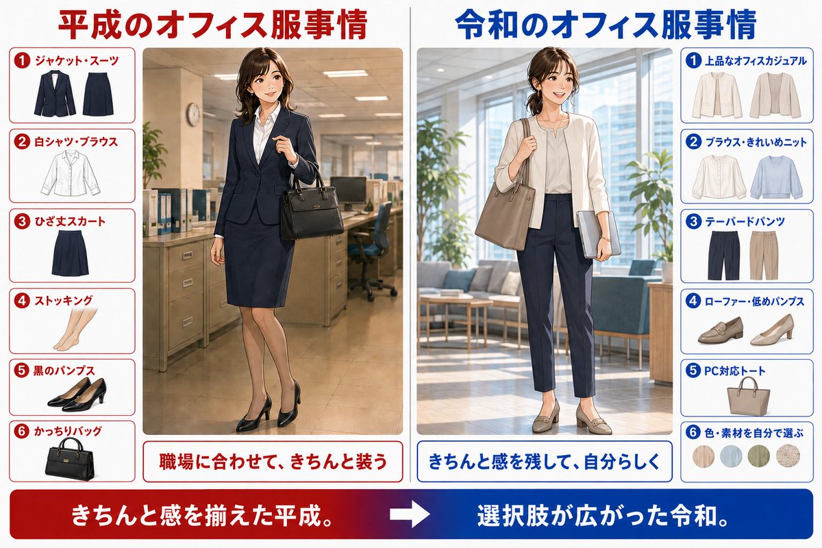 fumiko_matsuura's tweet photo. 平成→ 職場に合わせて、「きちんと感」を揃える。
令和→ きちんと感を残しながら、働き方と自分に合わせて選ぶ。 https://t.co/zvChnh3WrF