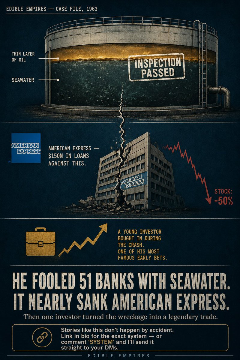 PForgeStudio86's tweet photo. He convinced 51 banks he owned $150 million in salad oil. He had $6 million. The rest was seawater with a thin layer of real oil floating on top — just enough to fool anyone looking in from above.

American Express backed him. When the fraud collapsed, their stock crashed 50% in days.

Anthony "Tino" De Angelis ran Allied Crude Vegetable Oil out of Bayonne, New Jersey. His storage tanks were the entire scheme: real oil floats, so a few feet of it sitting on top of plain seawater passed every inspection an outside auditor could run without draining the tank.

American Express, through a warehousing subsidiary, had effectively vouched for inventory that barely existed — using it as collateral for tens of millions in loans.

In November 1963, the scheme finally collapsed. Export demand didn't materialize. Lenders called in their money. Allied Crude went bankrupt overnight, dragging over $175 million in losses across 51 banks and major Wall Street firms with it. American Express's own stock fell by more than half in the panic that followed.

Here's the twist almost nobody remembers: a 32-year-old Warren Buffett looked at the wreckage and saw opportunity instead of danger. He quietly bought a 5% stake in American Express during the crash — a bet the core business was still sound underneath the scandal. 

It became one of the most legendary early trades of his career.

De Angelis got seven years in prison. The story broke days before the Kennedy assassination and got buried under the bigger tragedy — one of the largest corporate frauds in American history, nearly erased from memory by timing alone.

What's the most audacious fraud you've ever read about that almost worked?

#EdibleEmpires #FoodHistory
