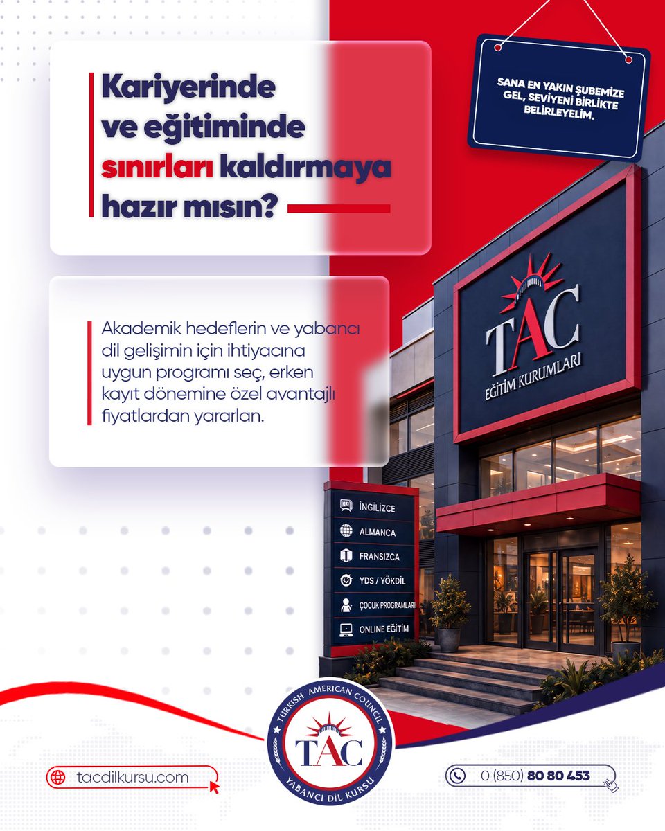 tacdilofficial's tweet photo. 🎯 Kariyerinde ve eğitiminde sınırları kaldırmaya hazır mısın?

TAC Dil’de akademik hedeflerin ve yabancı dil gelişimin için ihtiyacına uygun programlarla yeni döneme güçlü bir başlangıç yap.
🌐 https://t.co/UZJ3VFQl6C

#TACDilKursu #DilEğitimi #İngilizce #Almanca #Fransızca https://t.co/TvZvYiVDnz