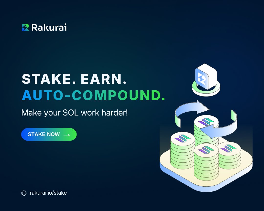 Rakurai_io's tweet photo. Why let your SOL sit idle when it could be earning yield every epoch?

Stake with Rakurai and make every reward earn even more!

Rakurai’s Auto-Compounding feature restakes your accrued block rewards and MEV tips every epoch, maximizing your long-term staking returns!

✅ No claiming
✅ No manual restaking
✅ No growing pile of stake accounts

Stake Smarter. Stack Faster ⚡️
