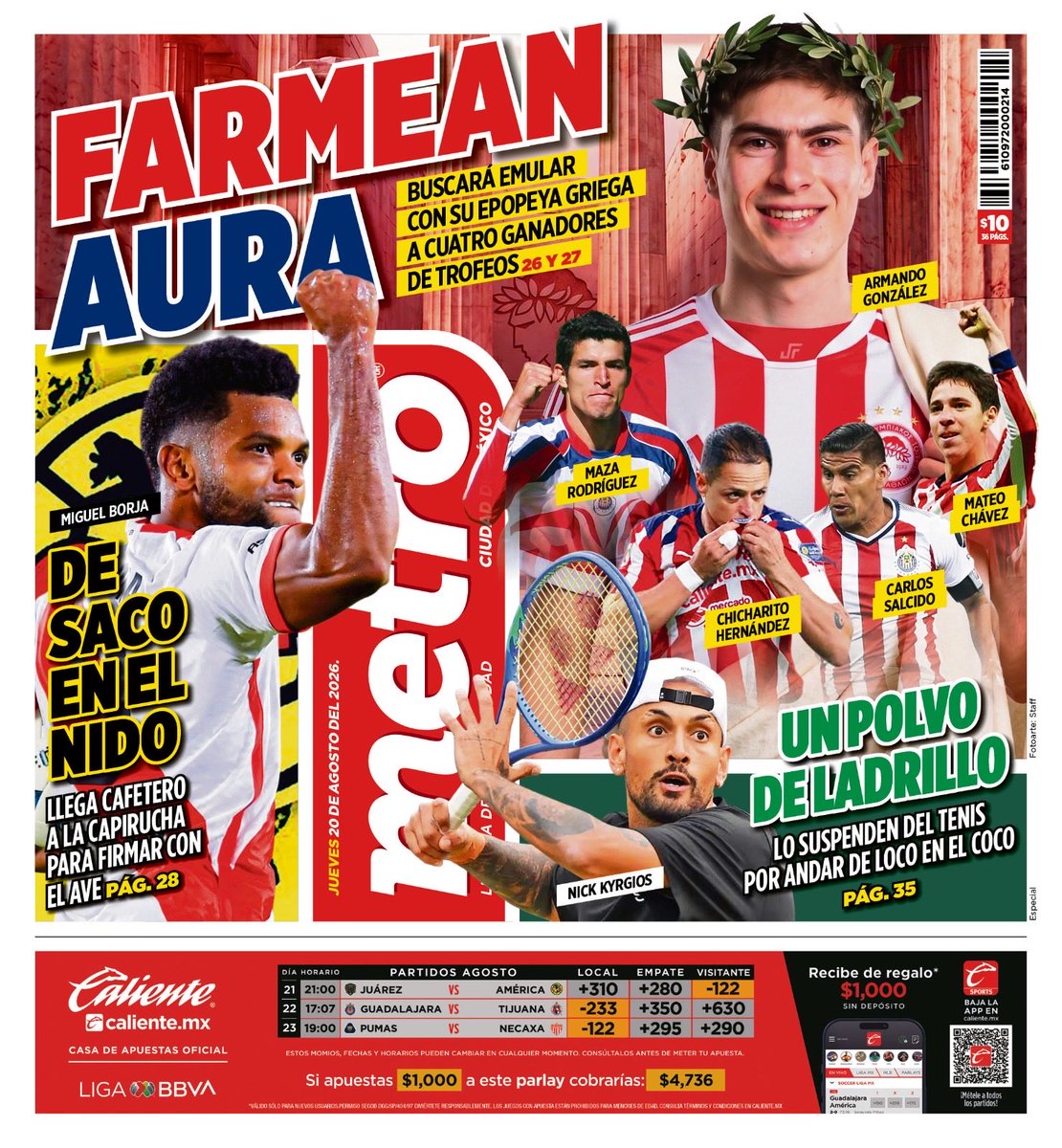 PeriodicoMETRO's tweet photo. ⚽️ Buscará Hormiga seguir los pasos de ex futbolistas de Chivas campeones en Europa 
⚽️ Llega Miguel Borja al América 
🎾 Suspenden a Kyrgios por cocaína https://t.co/08QdYnDp6f
